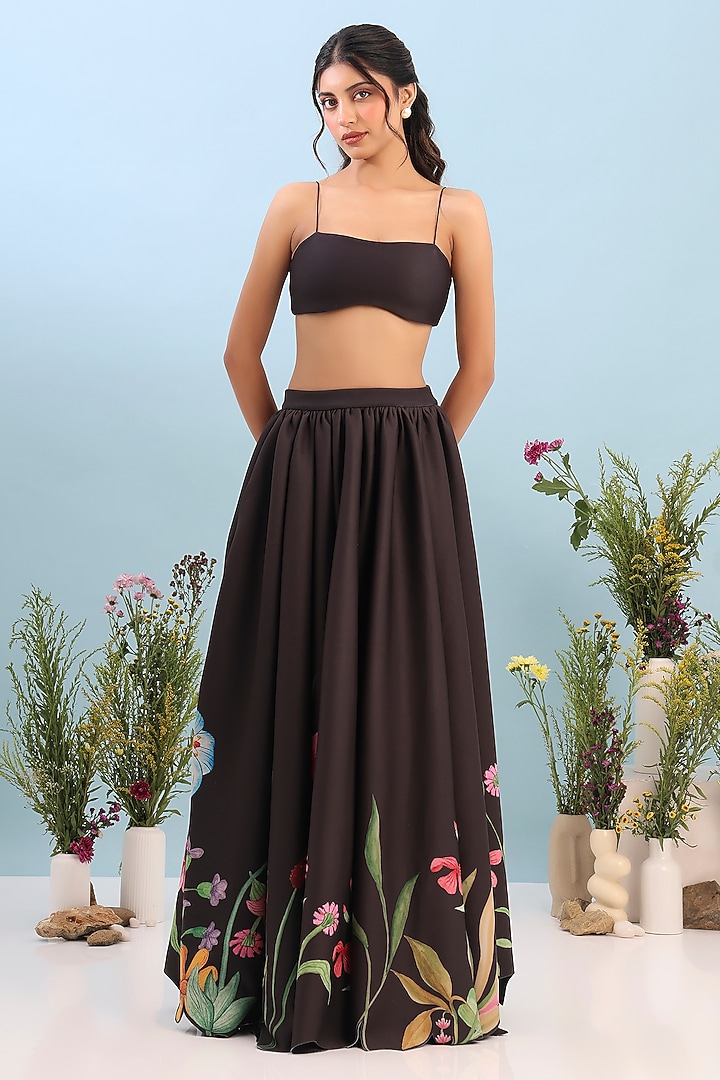 Black Neoprene Floral Printed Asymmetrical Skirt Set by OZEQO at Pernia's Pop Up Shop