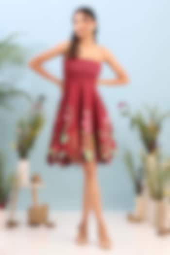 Red Neoprene Floral Printed Mini Summer Dress by OZEQO at Pernia's Pop Up Shop