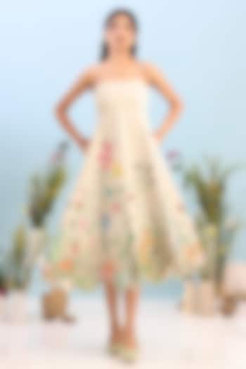 Beige Neoprene Floral Printed Flared Midi Vacation Dress by OZEQO at Pernia's Pop Up Shop