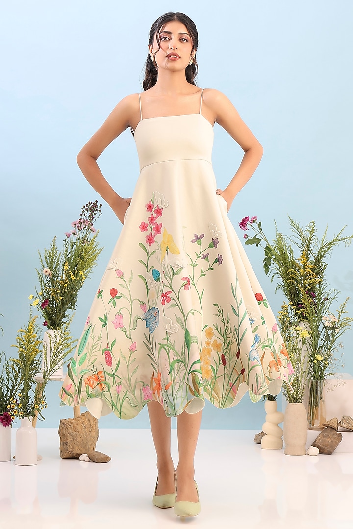 Beige Neoprene Floral Printed Flared Midi Vacation Dress by OZEQO at Pernia's Pop Up Shop
