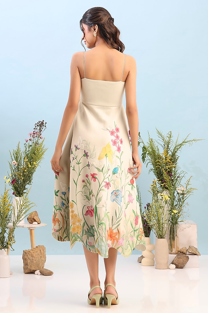 Beige Neoprene Floral Printed Flared Midi Vacation Dress by OZEQO at Pernia's Pop Up Shop