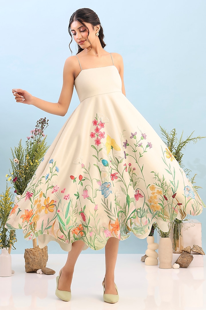 Beige Neoprene Floral Printed Flared Midi Vacation Dress by OZEQO at Pernia's Pop Up Shop