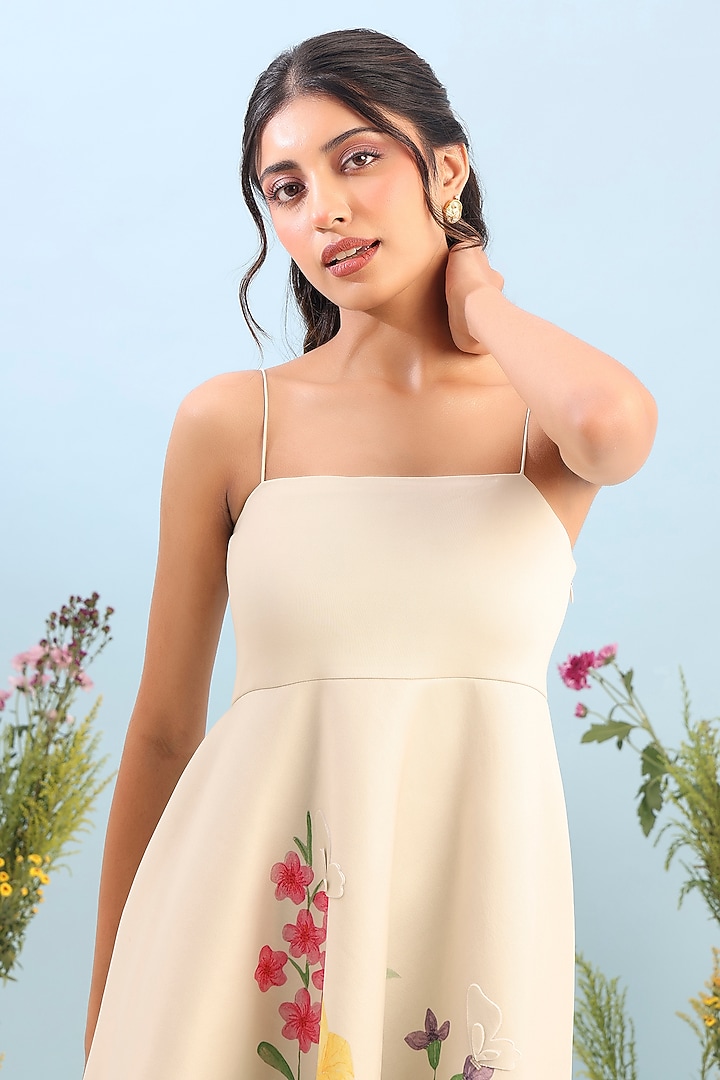 Beige Neoprene Floral Printed Flared Midi Vacation Dress by OZEQO at Pernia's Pop Up Shop