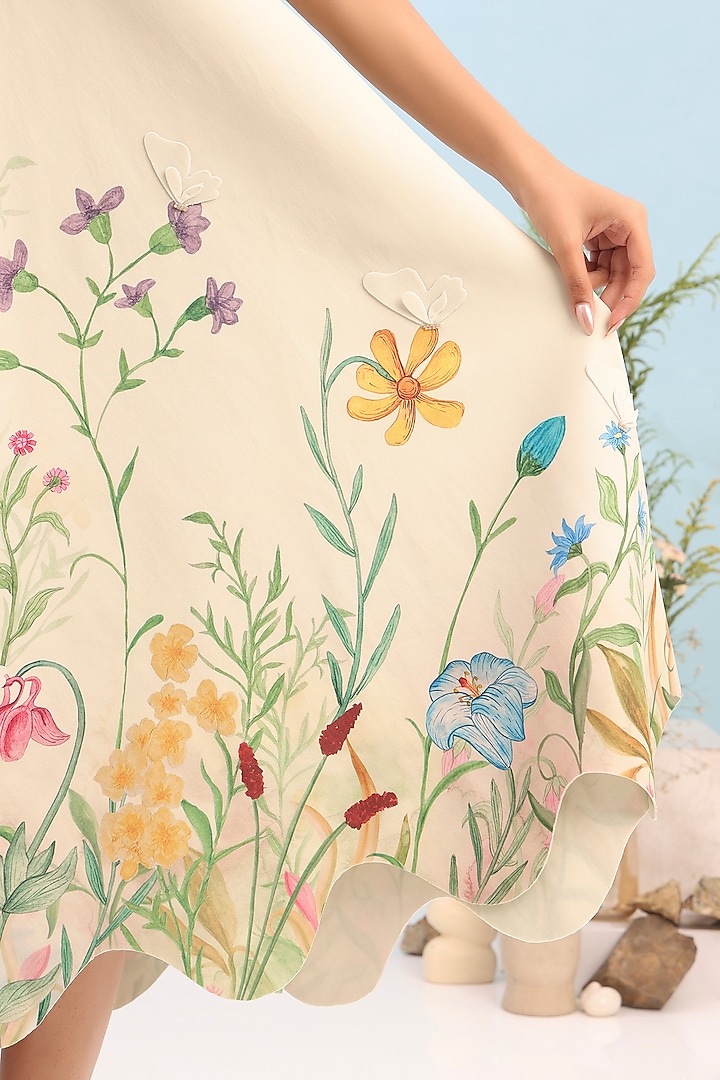 Beige Neoprene Floral Printed Flared Midi Vacation Dress by OZEQO at Pernia's Pop Up Shop