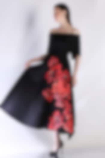 Black Neoprene Floral Applique Embroidered Vacation Dress by OZEQO at Pernia's Pop Up Shop