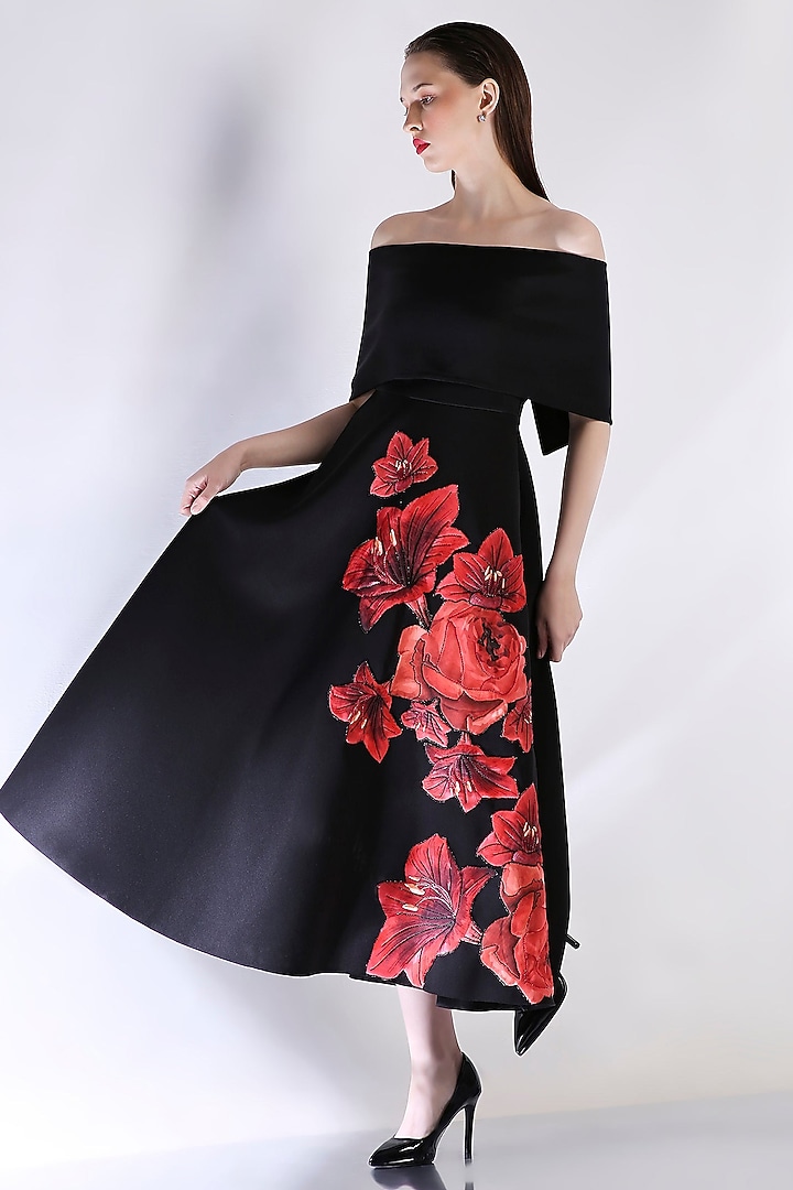 Black Neoprene Floral Applique Embroidered Vacation Dress by OZEQO at Pernia's Pop Up Shop