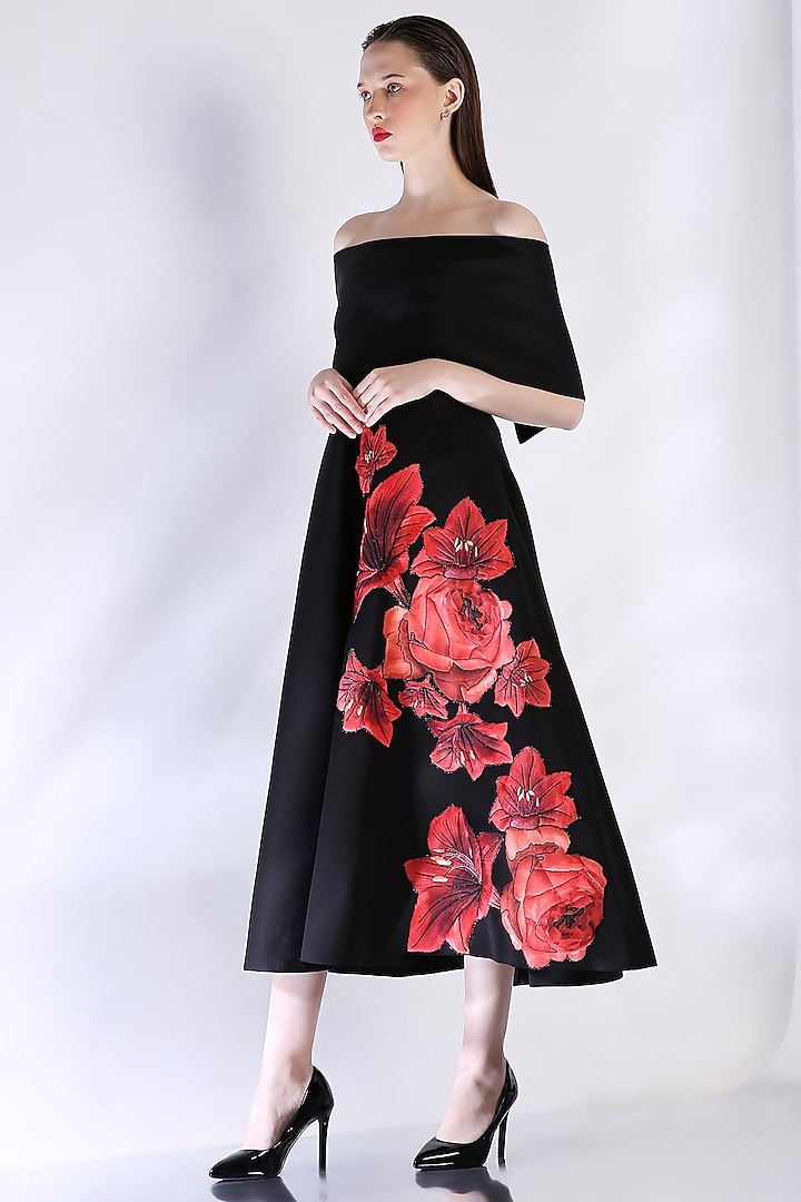 Black Neoprene Floral Applique Embroidered Vacation Dress by OZEQO at Pernia's Pop Up Shop