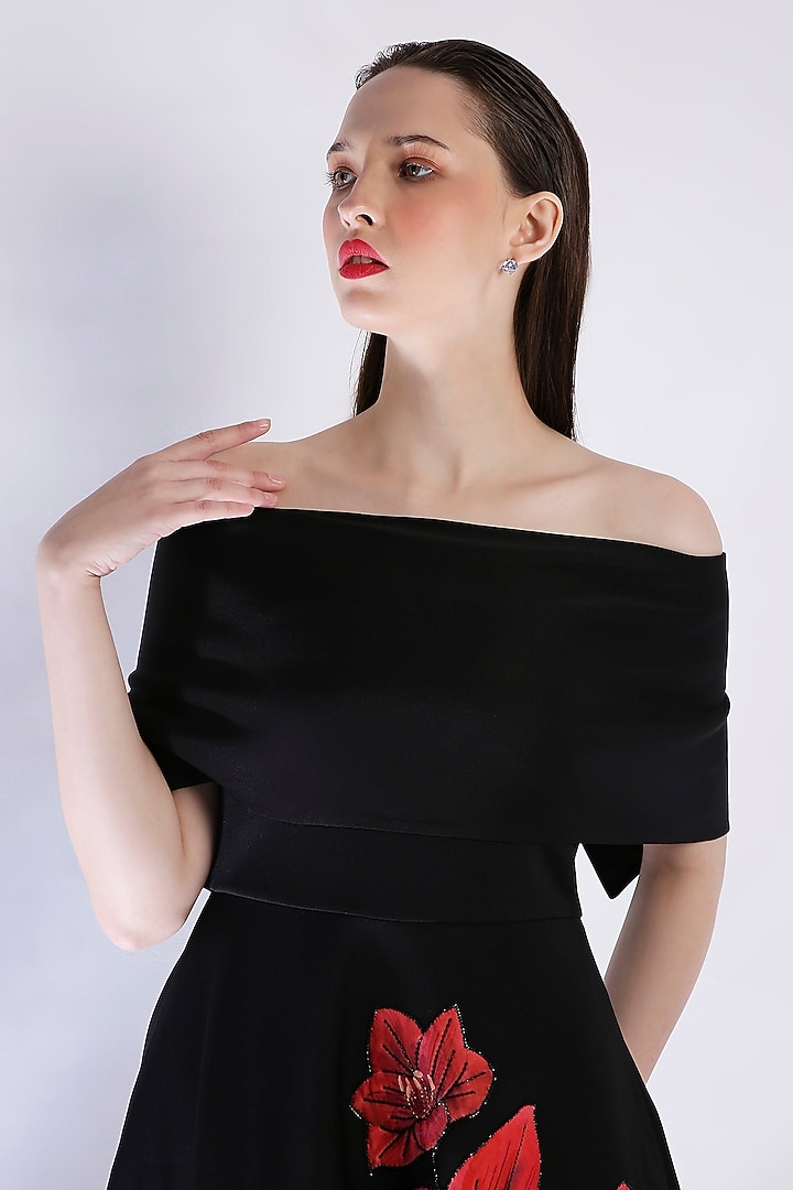 Black Neoprene Floral Applique Embroidered Vacation Dress by OZEQO at Pernia's Pop Up Shop