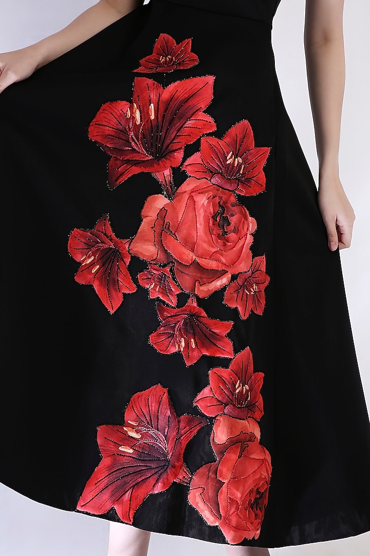 Black Neoprene Floral Applique Embroidered Vacation Dress by OZEQO at Pernia's Pop Up Shop