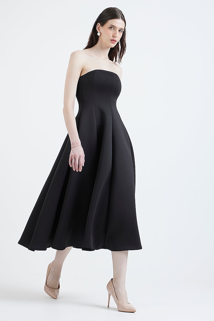 Black Neoprene Flared Summer Dress by OZEQO at Pernia's Pop Up Shop