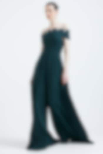 Bottle Green Neoprene Jumpsuit With Embellished Wrap by OZEQO at Pernia's Pop Up Shop