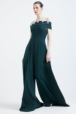 Bottle Green Neoprene Jumpsuit With Embellished Wrap by OZEQO