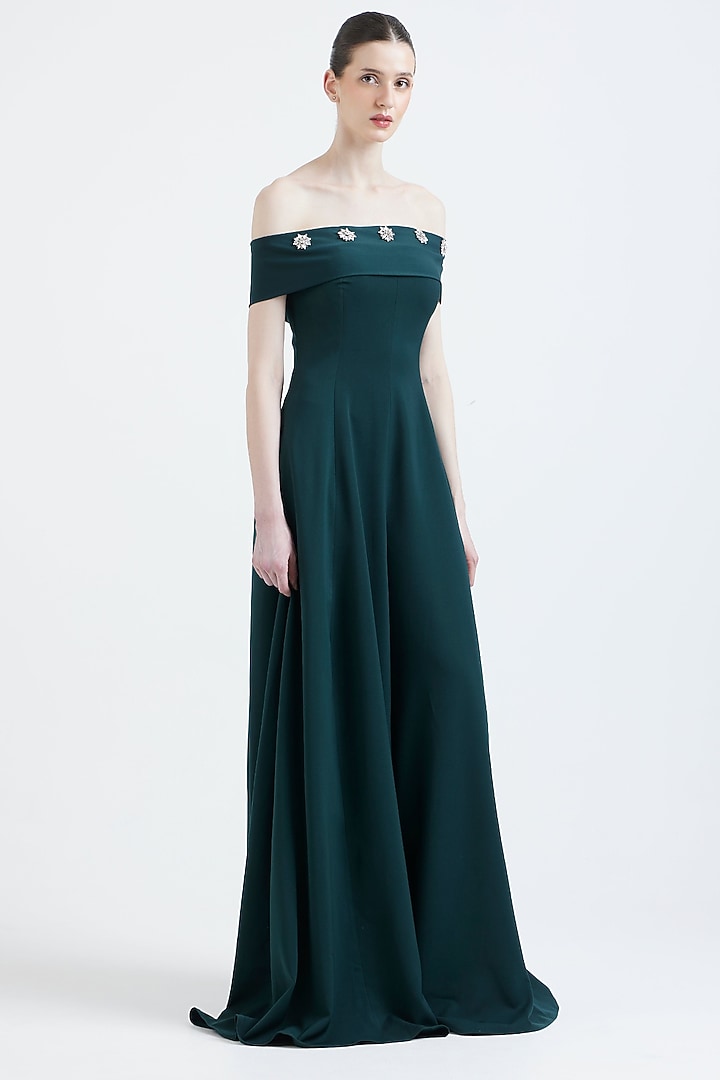 Bottle Green Neoprene Jumpsuit With Embellished Wrap by OZEQO at Pernia's Pop Up Shop