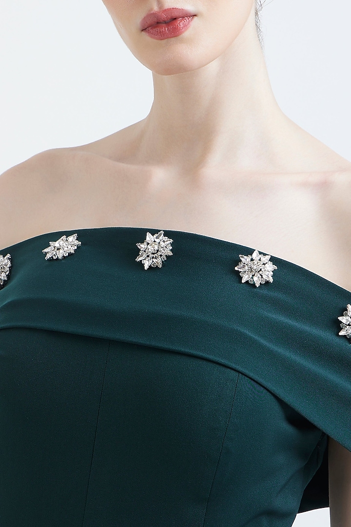 Bottle Green Neoprene Jumpsuit With Embellished Wrap by OZEQO at Pernia's Pop Up Shop