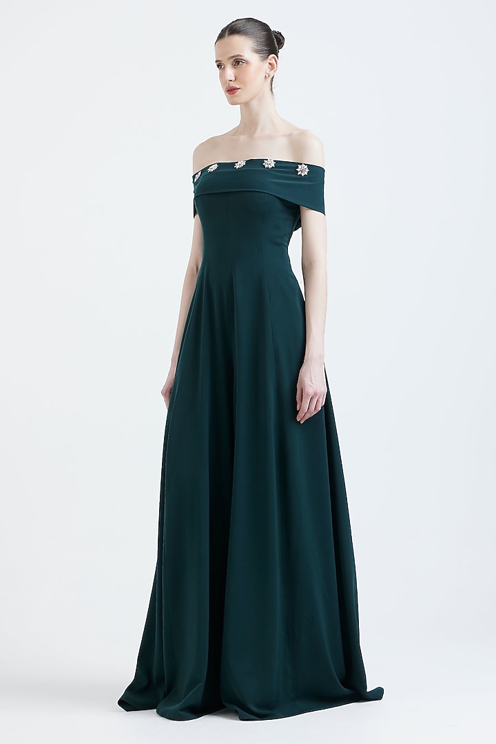 Bottle Green Neoprene Jumpsuit With Embellished Wrap by OZEQO at Pernia's Pop Up Shop