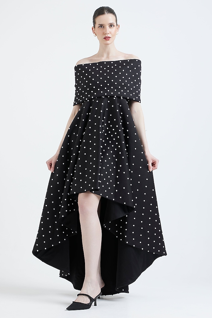 Black Neoprene Pearl Embroidered Cocktail Dress by OZEQO at Pernia's Pop Up Shop