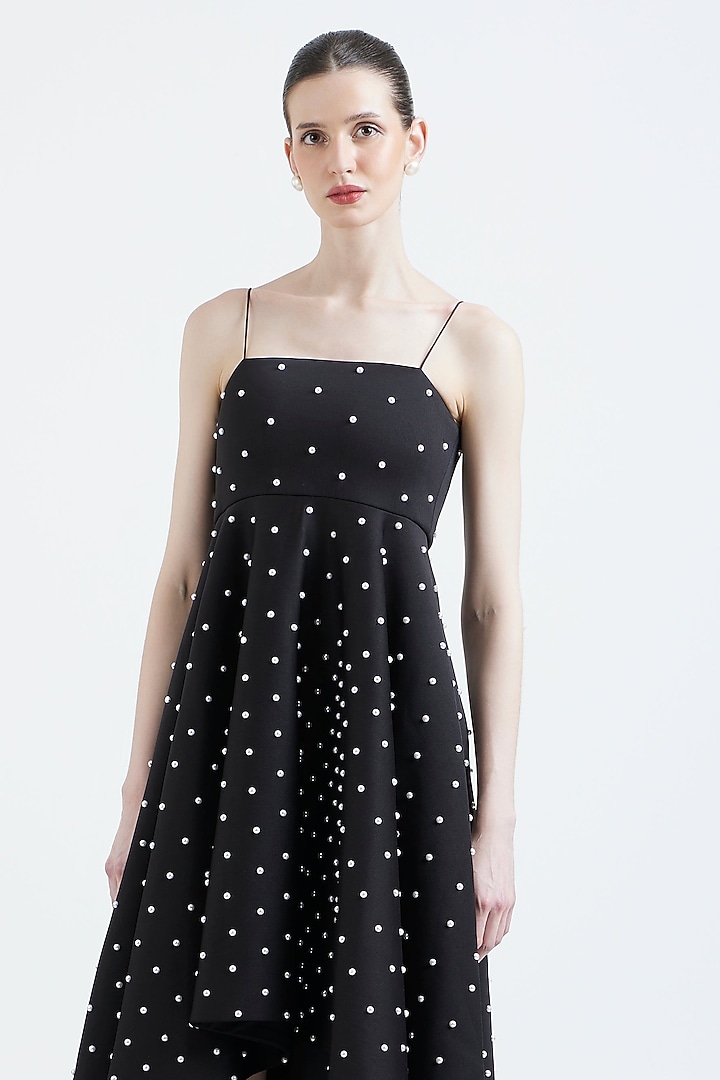 Black Neoprene Pearl Embroidered Cocktail Dress by OZEQO at Pernia's Pop Up Shop