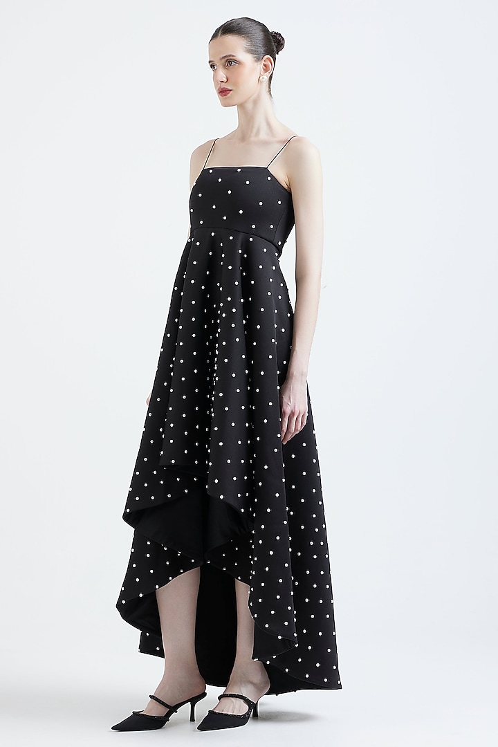 Black Neoprene Pearl Embroidered Cocktail Dress by OZEQO at Pernia's Pop Up Shop