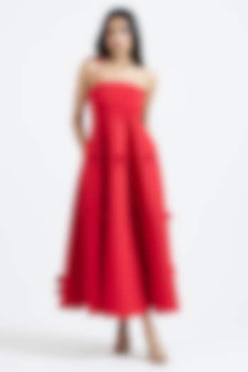 Scarlet Red Neoprene 3D Bow Applique Midi Summer Dress by OZEQO at Pernia's Pop Up Shop