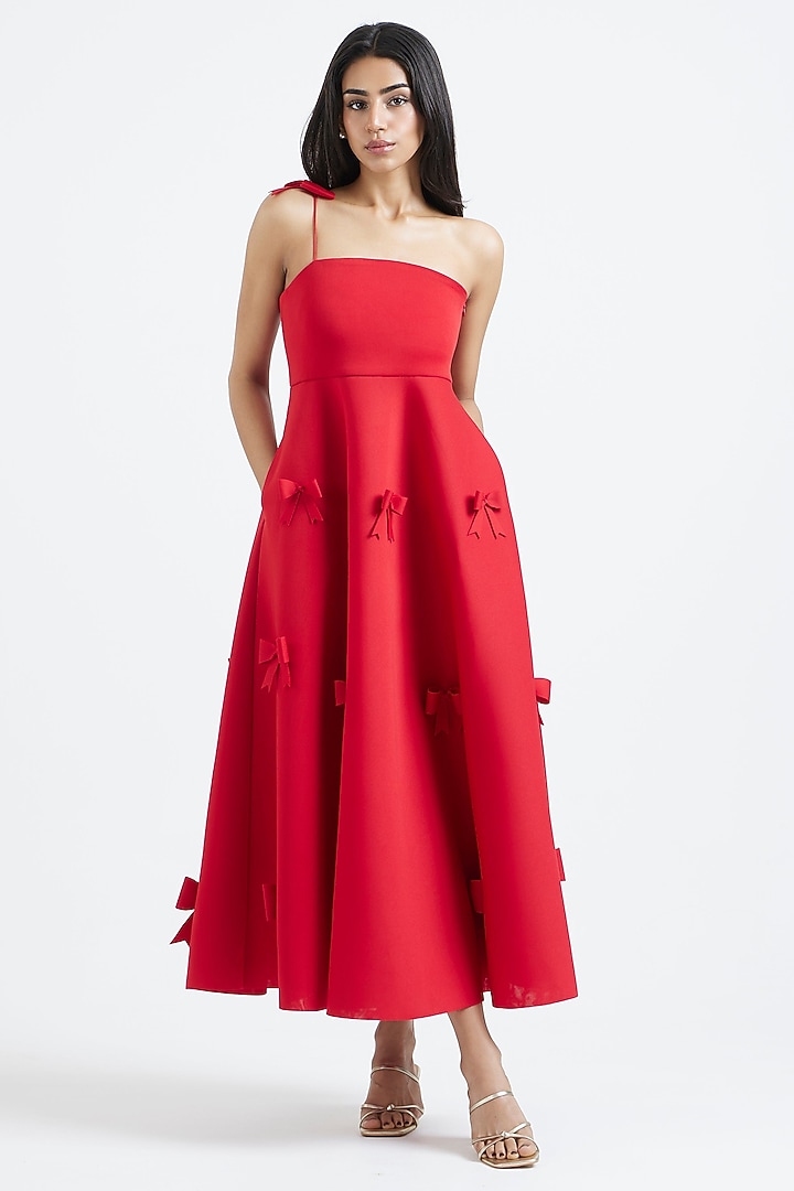 Scarlet Red Neoprene 3D Bow Applique Midi Summer Dress by OZEQO at Pernia's Pop Up Shop