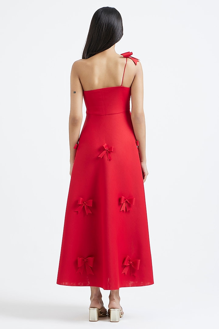 Scarlet Red Neoprene 3D Bow Applique Midi Summer Dress by OZEQO at Pernia's Pop Up Shop