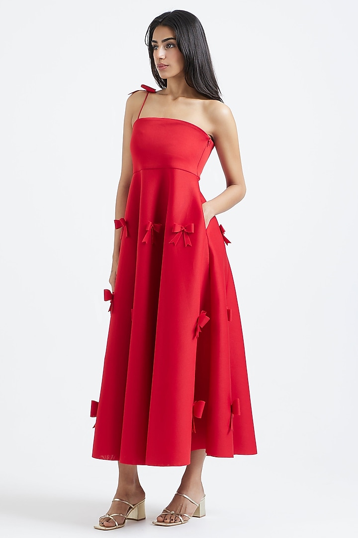 Scarlet Red Neoprene 3D Bow Applique Midi Summer Dress by OZEQO at Pernia's Pop Up Shop