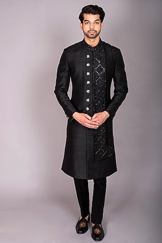 Black Raw Silk Hand Embroidered Indo-Western Set by PKIN