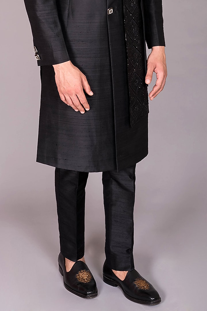 Black Raw Silk Hand Embroidered Indo-Western Set by PKIN at Pernia's Pop Up Shop