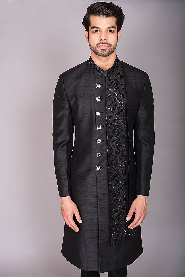 Black Raw Silk Hand Embroidered Indo-Western Set by PKIN at Pernia's Pop Up Shop