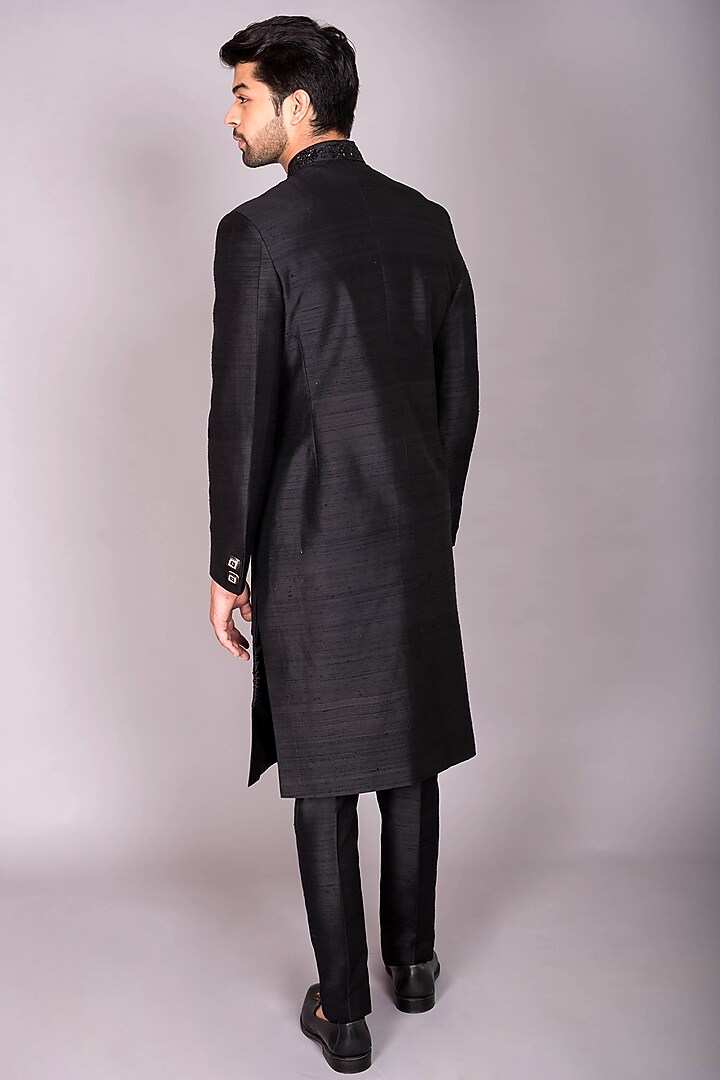 Black Raw Silk Hand Embroidered Indo-Western Set by PKIN at Pernia's Pop Up Shop