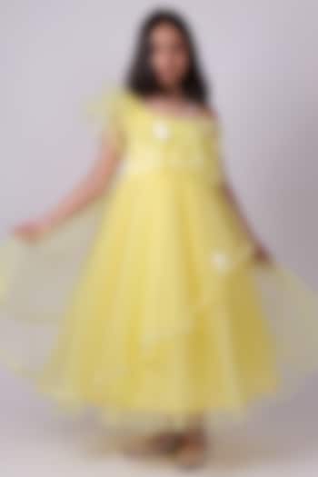 Yellow Butterfly Net Pearl Embroidered One-Shoulder Dress For Girls by PiccoRicco at Pernia's Pop Up Shop