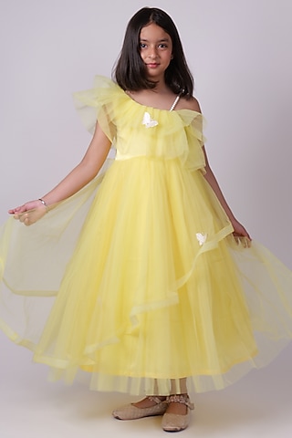 Yellow Butterfly Net Pearl Embroidered One-Shoulder Dress For Girls by PiccoRicco