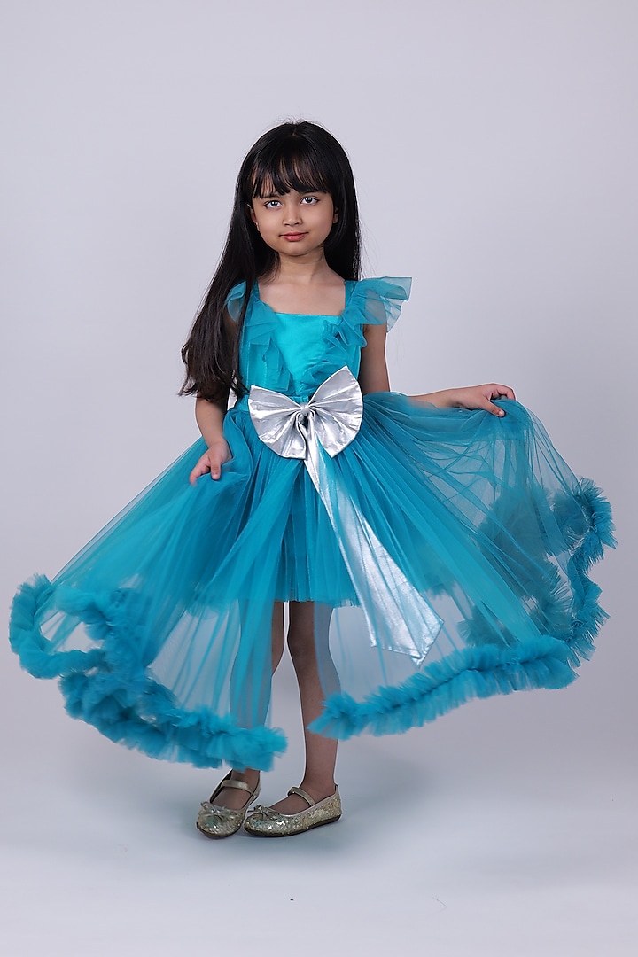 Turquoise Net & Satin Butterfly Dress For Girls by PiccoRicco at Pernia's Pop Up Shop