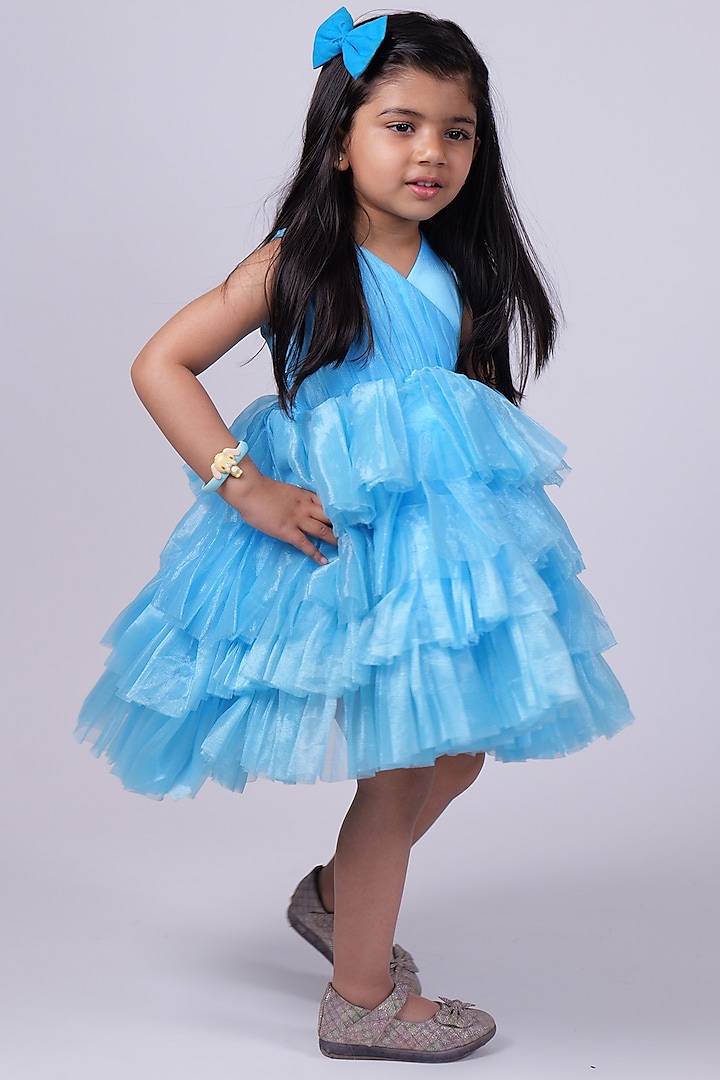 Blue Net Ruffled Dress For Girls by PiccoRicco at Pernia's Pop Up Shop