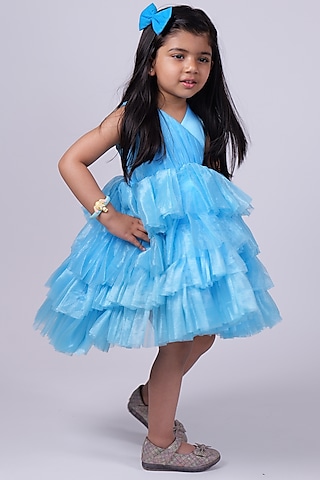 Blue Net Ruffled Dress For Girls by PiccoRicco