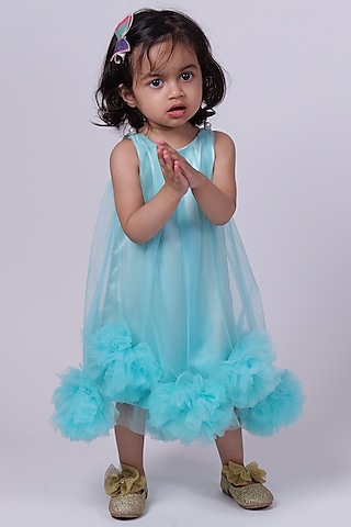 Aqua Blue Satin & Net Jhabla Dress For Girls by PiccoRicco