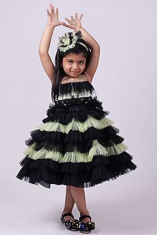 Black & Lime Net Green Dress For Girls by PiccoRicco