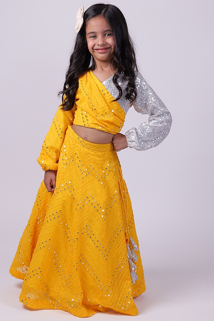 Yellow Silk Blend Mirror Embroidered Lehenga Set For Girls by PiccoRicco