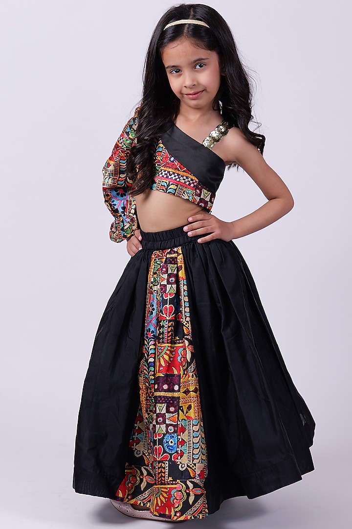 Black Silk Printed Lehenga Set For Girls by PiccoRicco at Pernia's Pop Up Shop