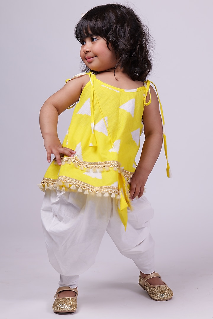 Yellow Cotton Layered Kurta Set For Girls by PiccoRicco at Pernia's Pop Up Shop