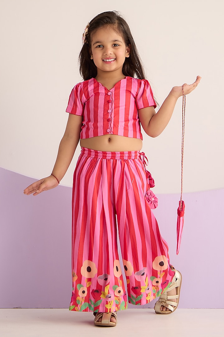 Pink Muslin Floral & Stripe Printed Palazzo Pant Set For Girls by Be Bonnie at Pernia's Pop Up Shop