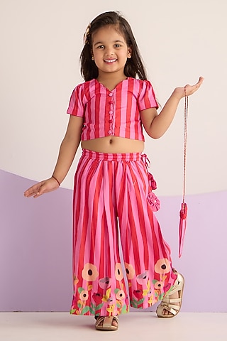 Pink Muslin Floral & Stripe Printed Palazzo Pant Set For Girls by Be Bonnie