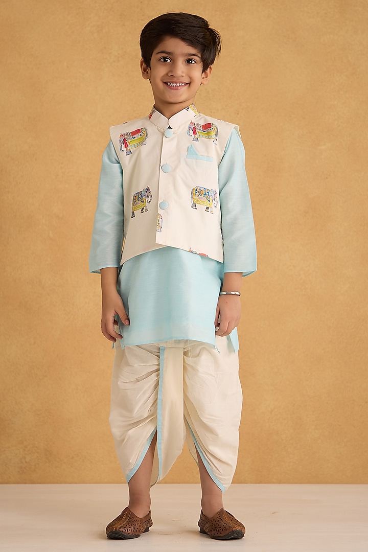 Cream Cotton Silk Digital Printed Bundi Jacket Set For Boys by Be Bonnie