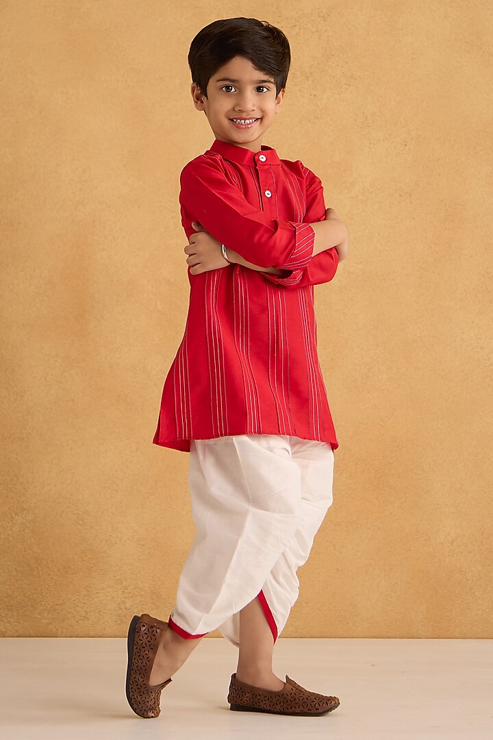 Red Cotton Silk Thread Embroidered Kurta Set For Boys by Be Bonnie