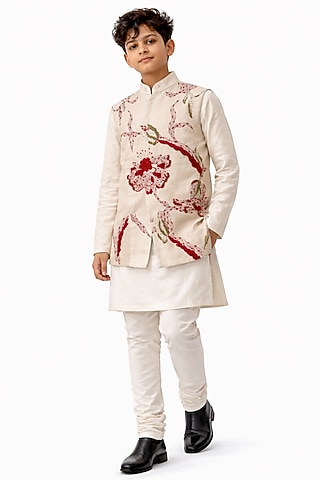 Ivory Linen Embroidered Nehru Jacket Set For Boys by Paarsh - Littles