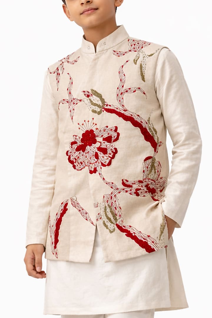 Ivory Linen Embroidered Nehru Jacket Set For Boys by Paarsh - Littles at Pernia's Pop Up Shop