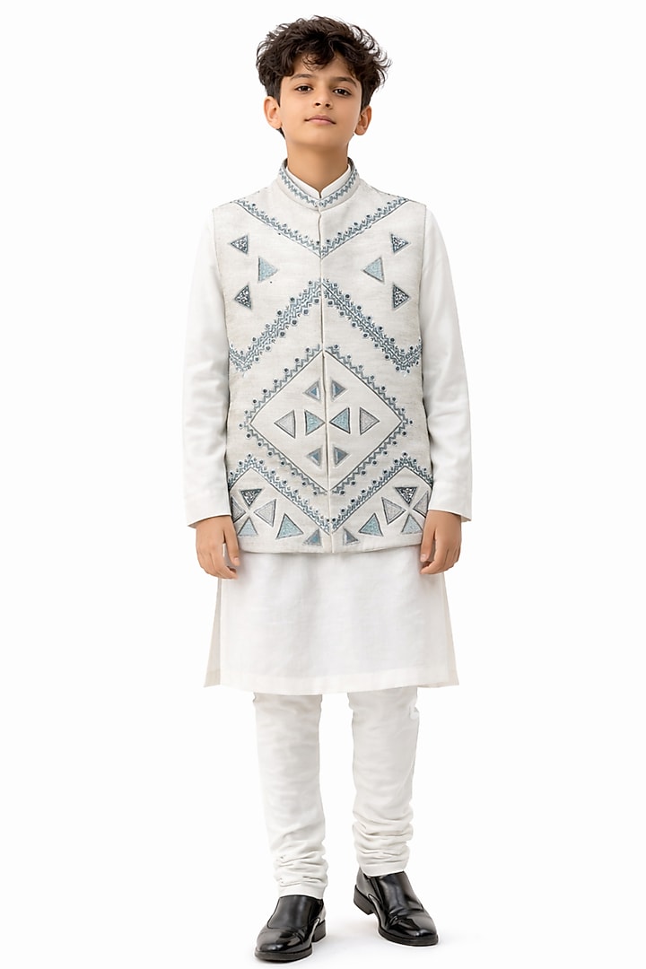 Ivory Bam Silk Embroidered Nehru Jacket Set For Boys by Paarsh - Littles at Pernia's Pop Up Shop