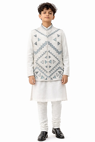 Ivory Bam Silk Embroidered Nehru Jacket Set For Boys by Paarsh - Littles