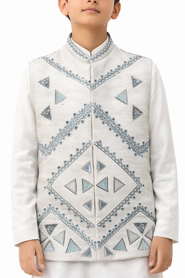 Ivory Bam Silk Embroidered Nehru Jacket Set For Boys by Paarsh - Littles at Pernia's Pop Up Shop