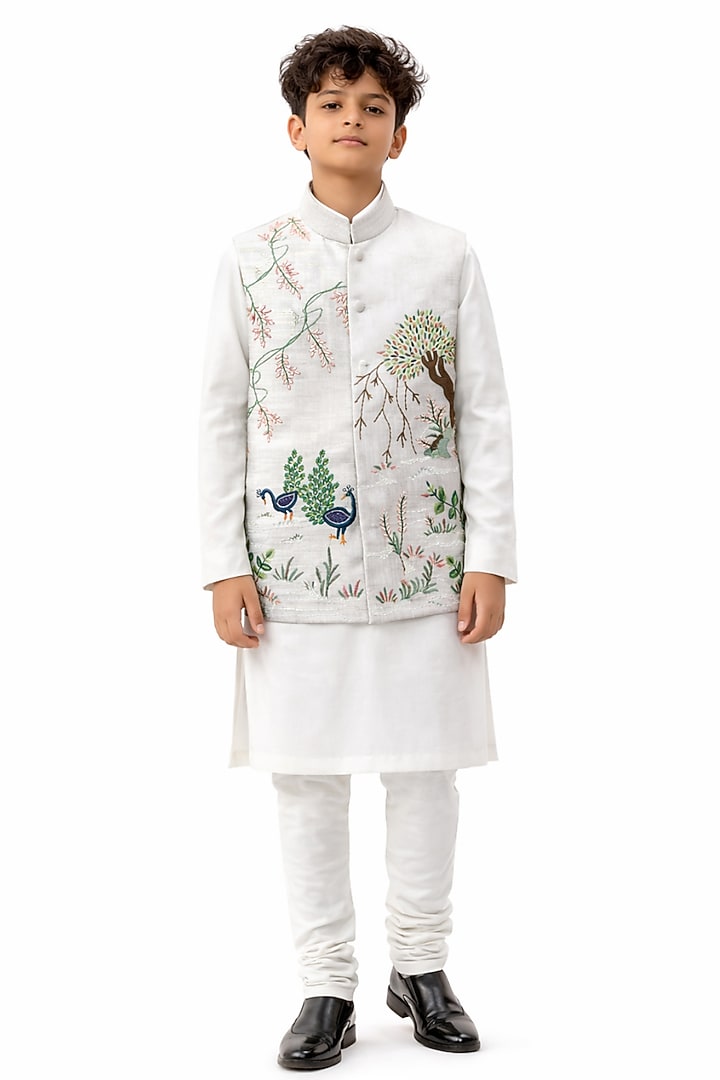 Ivory Bam Silk Embroidered Nehru Jacket Set For Boys by Paarsh - Littles at Pernia's Pop Up Shop